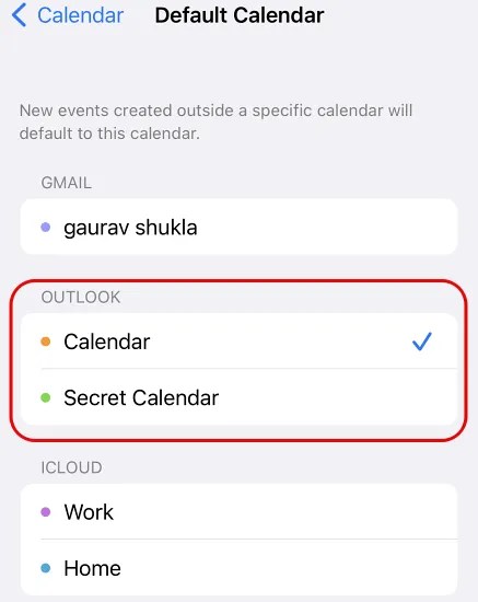 Choose default calendar in iPhone calendar settings