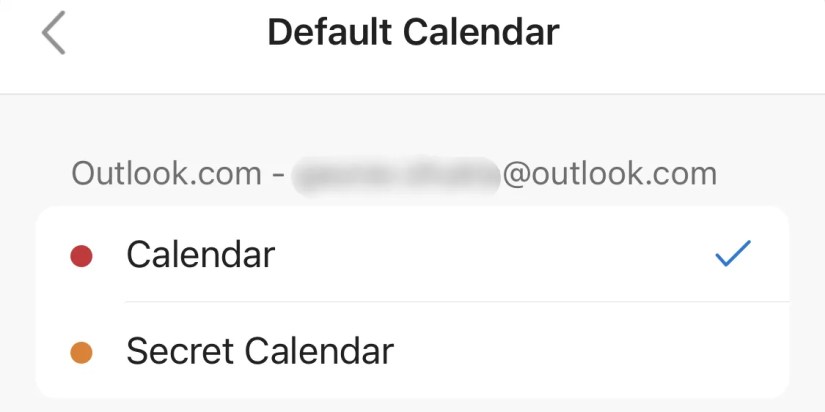 Select your default calendar in Outlook app