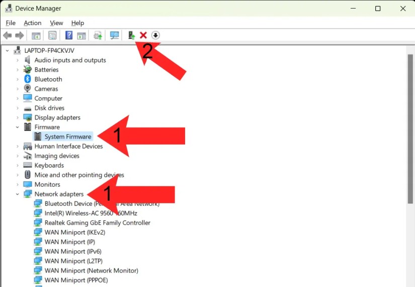 Red arrows pointing to what you want to look for when choosing to update drivers to fix Wi-Fi issues.