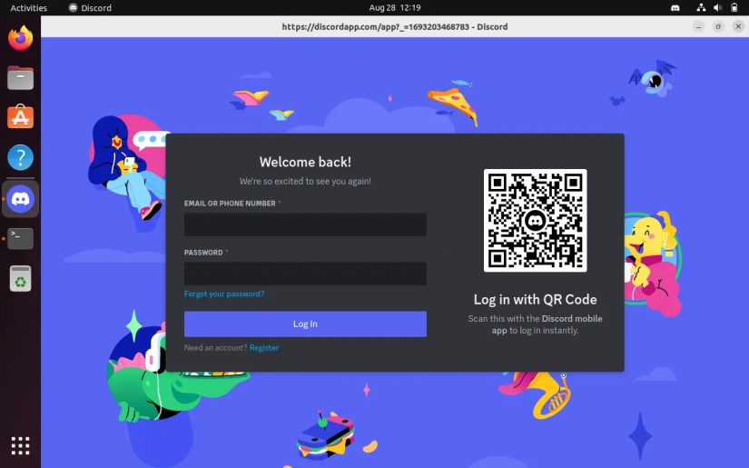 discord interface when opened on Ubuntu