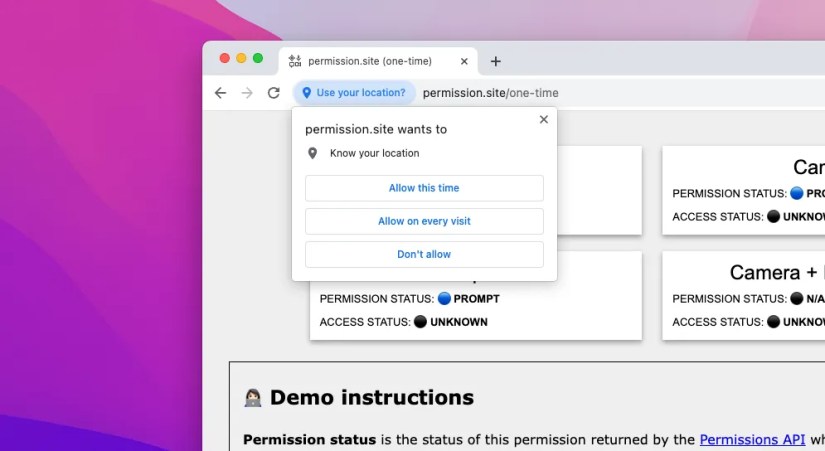 Permissions dialog in Chrome 116