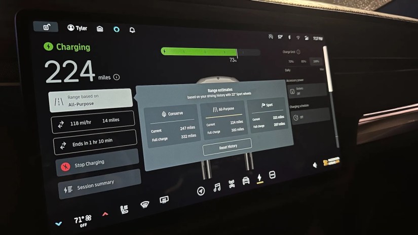 Rivian R1T electric truck display showing range estimates.