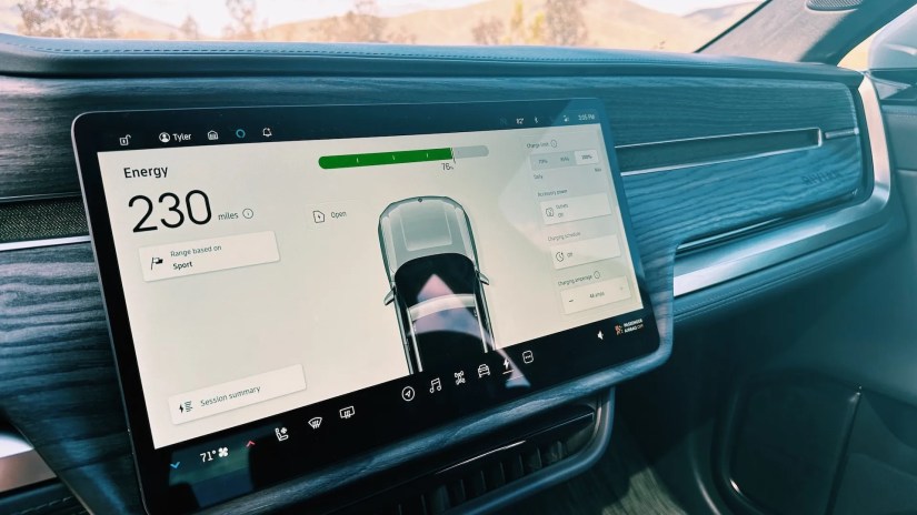 Showing Rivian R1T&rsquo;s 15-inch screen with 230 miles of range.