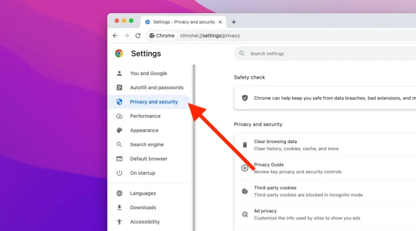 Screenshot of Privacy and Security menu