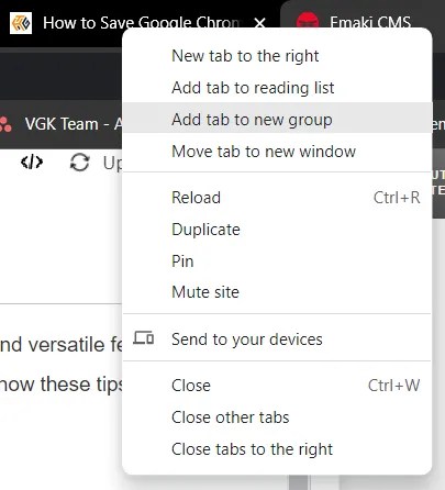 Adding a tab to a new tab group in Google Chrome.