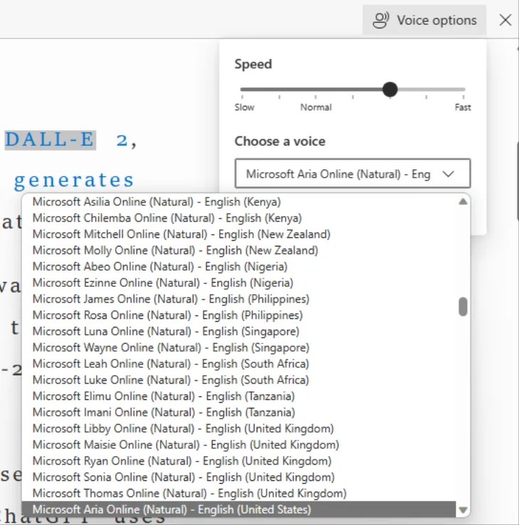 Screenshot of voice language options in the dropdown menu