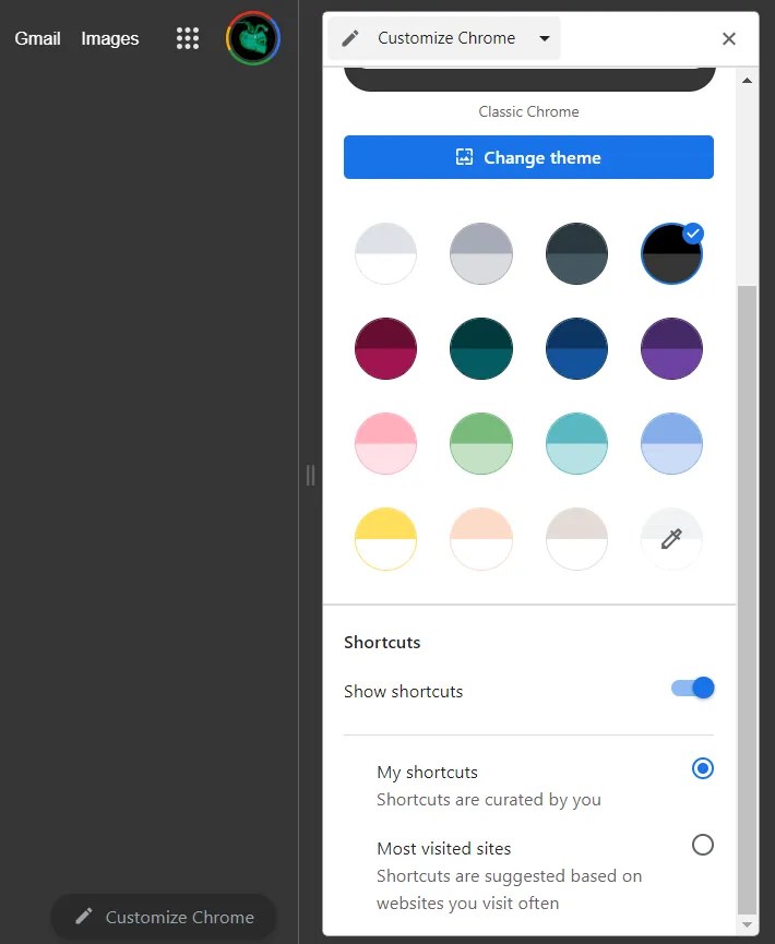 The Customize Chrome menu.