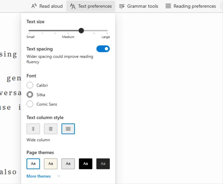 Screenshot of the Text Preferences available in Immersive Reader