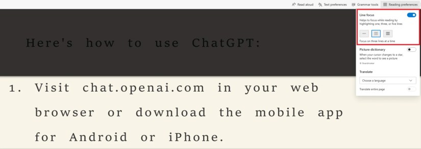 Screenshot of line focus enabled with the 3 line focus setting, and how it looks on the page