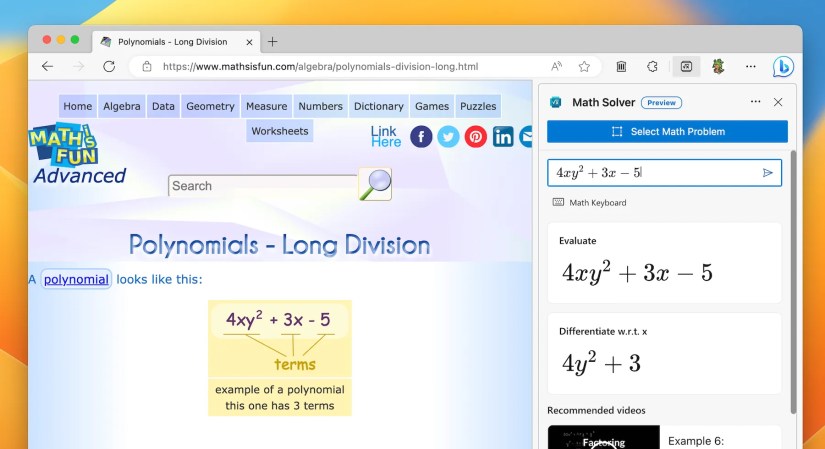Math Solver in Microsoft Edge