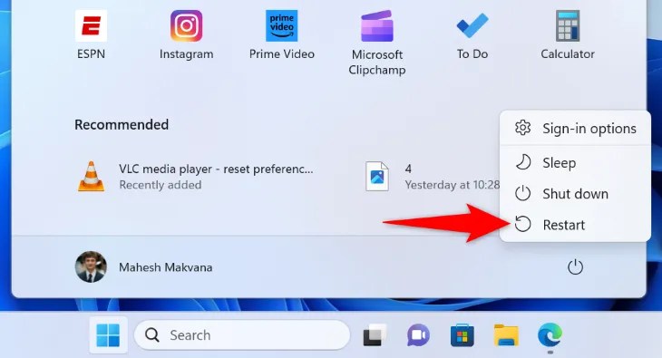 Click &ldquo;Restart&rdquo; in the menu.