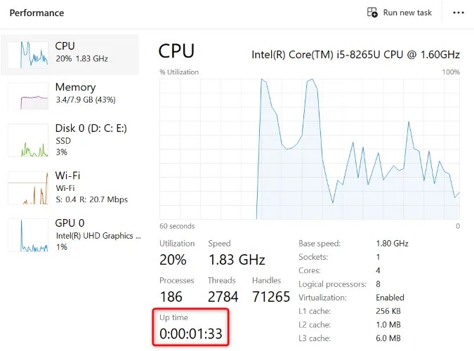 View Windows uptime in Task Manager.