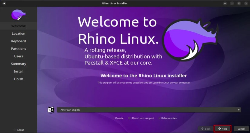 the installer window for rhino linux