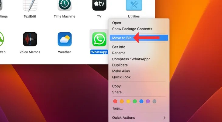 Move to Bin option in the right click menu in Applications Folder on MacBook