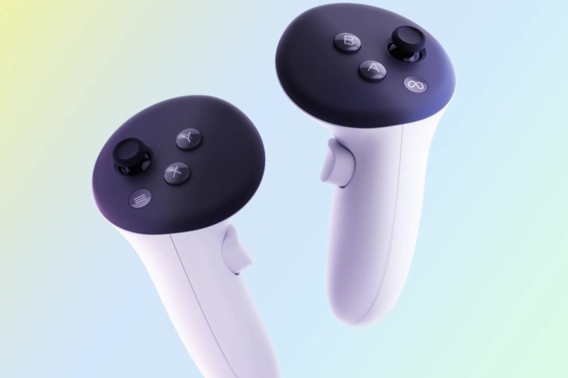 Meta Quest 3 controllers on a blue background.