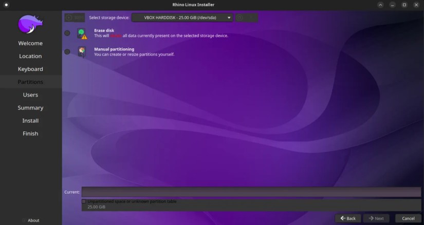 select a storage device for installing rhino linux and press next