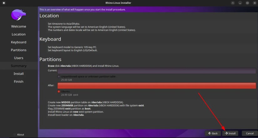 a screen displaying the summary of your rhino linux installation