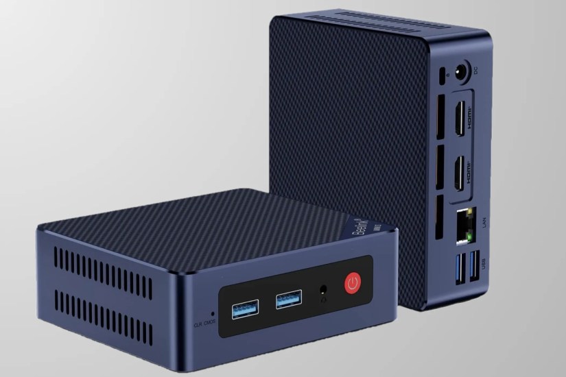 Beelink Mini S12 Pro Mini PC on a grey background