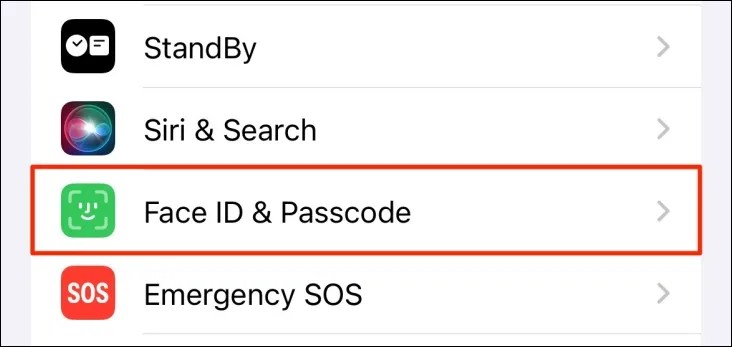 Face ID &amp; Passcode option in iPhone settings.
