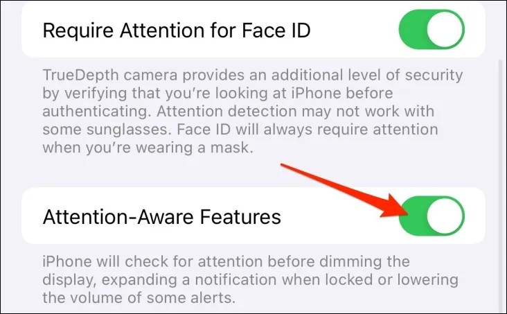 Attention Aware Features toggle in iPhone settings.