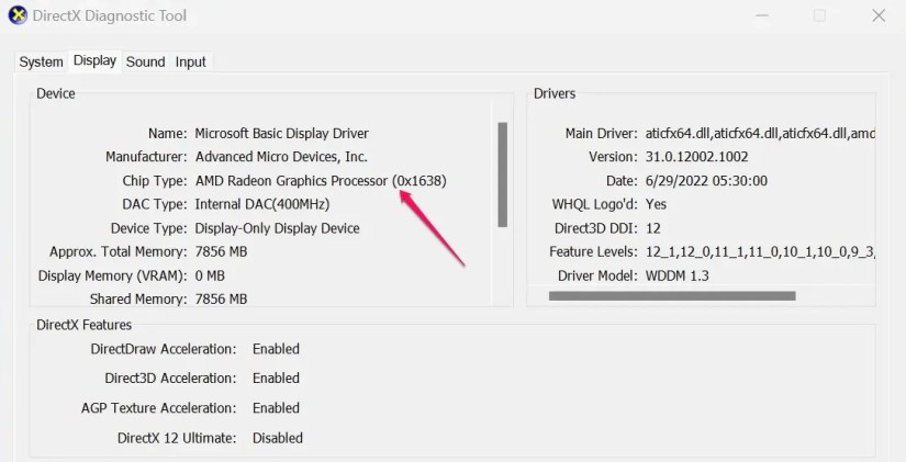 Display tab in the DirectX Diagonostic Tool