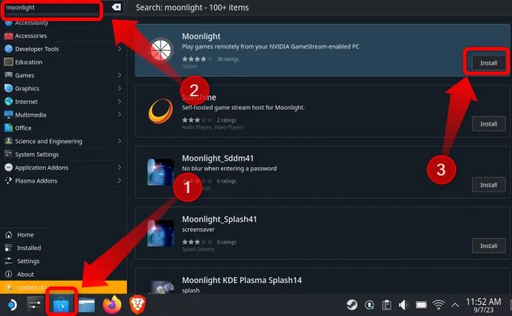 While you&rsquo;re in Desktop Mode on your Steam Deck, search the store for Moonlight, Then hit the Install button next to the first result