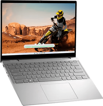 The Dell Inspiron 14 2-in-1 7435 laptop sitting with the screen on.