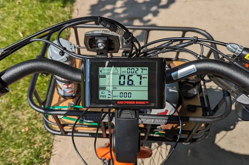 Showing the Rad Power RadWagon 4 digital display used for speed and distance