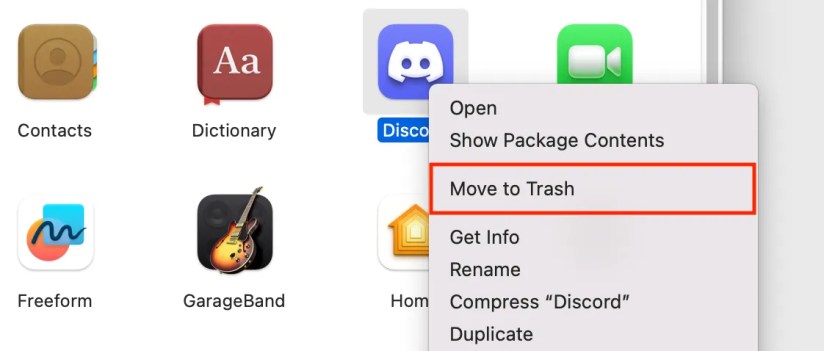 After right-clicking Discord in Finder, select &ldquo;Move to Trash&rdquo; to uninstall Discord.