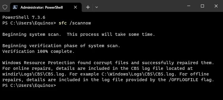 The results of sfc /scannow on our example PC. It returned some problems, but SFC repaired them.