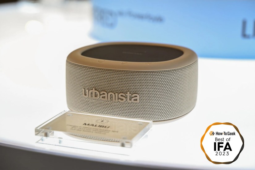 A solar powered Bluetooth speaker on a table