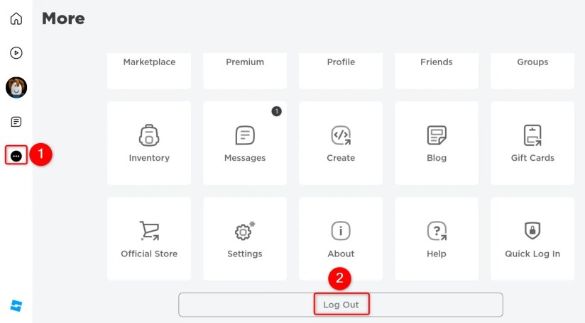 Log Out highlighted in Roblox&rsquo;s More menu.