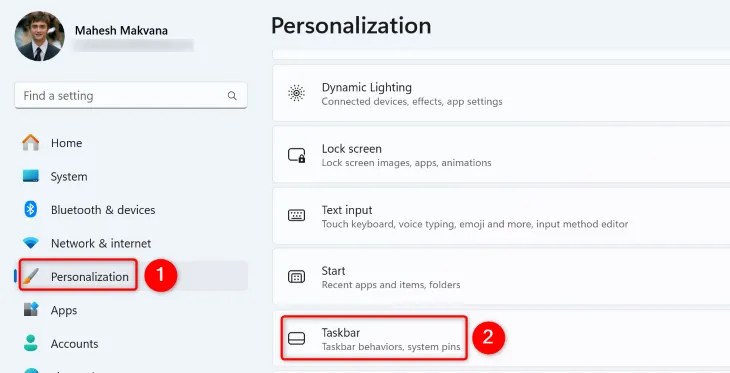Windows 11 Personalization settings with &lsquo;Taskbar&rsquo; highlighted