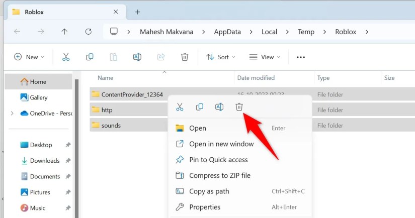 Delete button highlighted in the right-click menu of Windows.