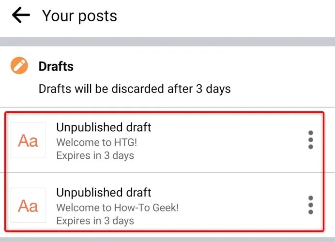Saved drafts highlighted in Facebook&rsquo;s Android app.
