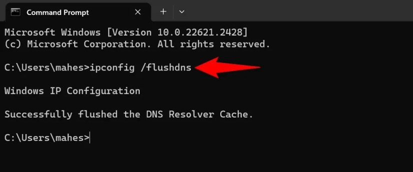 Windows' ipconfig /flushdns command on a Command Prompt window.