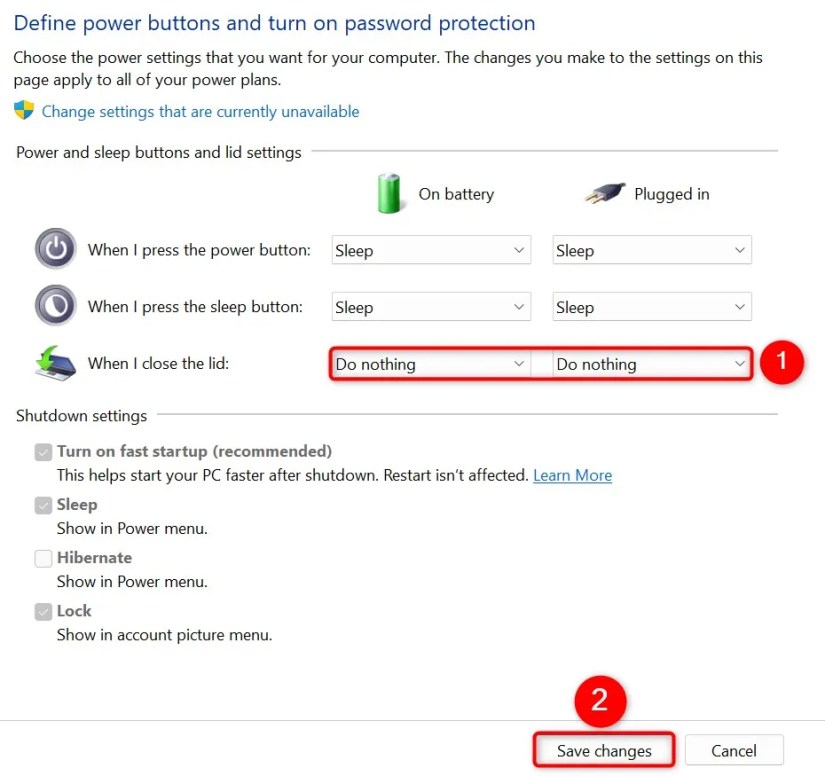 &lsquo;When I Close the Lid&rsquo; and &lsquo;Save Changes&rsquo; highlighted in Control Panel.