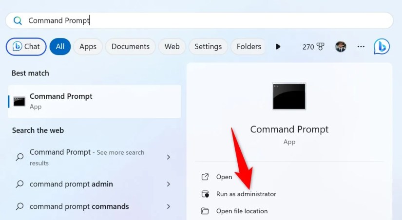 &lsquo;Run as Administrator&rsquo; highlighted for Command Prompt in Start Menu.