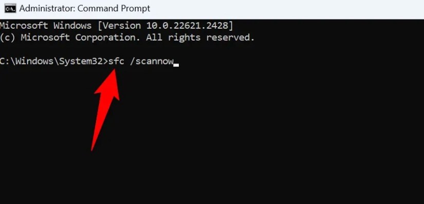 &lsquo;sfc /scannow&rsquo; highlighted in Command Prompt.