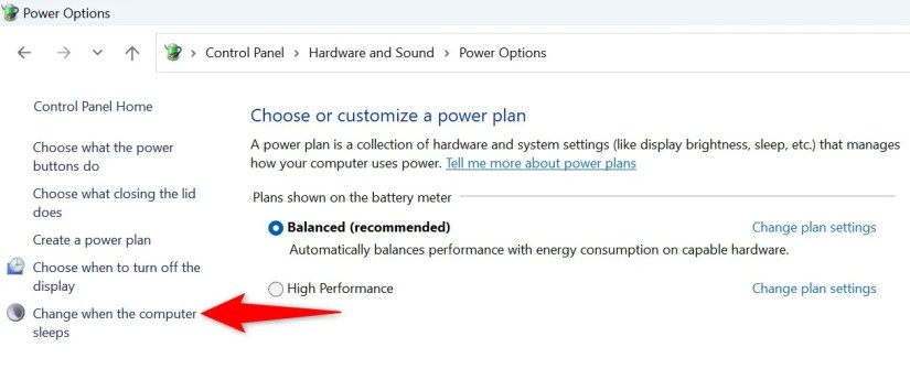 &lsquo;Change When the Computer Sleeps&rsquo; highlighted in Control Panel.