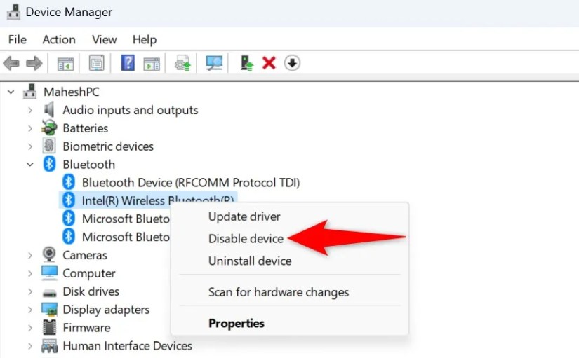 &lsquo;Disable Device&rsquo; highlighted for the built-in Bluetooth adapter in Device Manager.