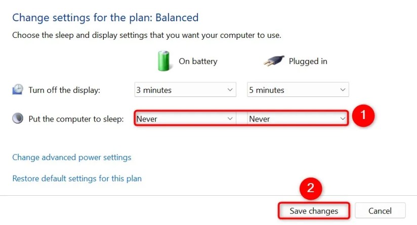 &ldquo;Put the Computer to Sleep&rdquo; and &ldquo;Save Changes&rdquo; highlighted in Control Panel.