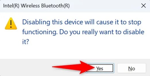 &lsquo;Yes&rsquo; highlighted in Device Manager&rsquo;s device disable prompt.