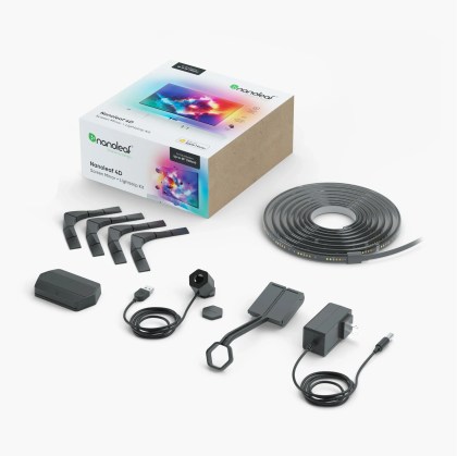 Nanoleaf 4D Screen Mirror + Lightstrip Kit parts shown next to its box.