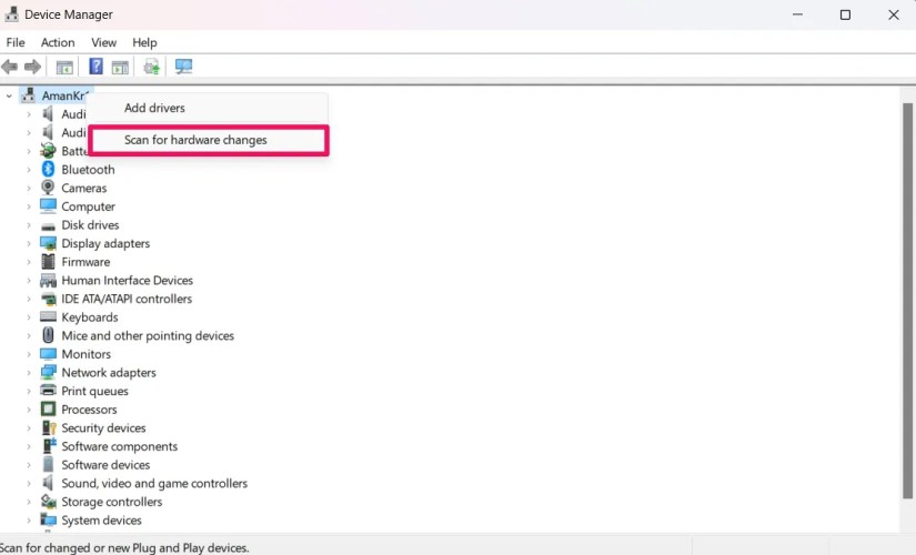 Selecting &lsquo;Scan for hardware changes&rsquo; in Device Manager