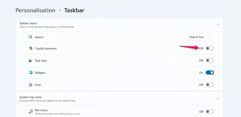 Copilot toggle in the Settings app