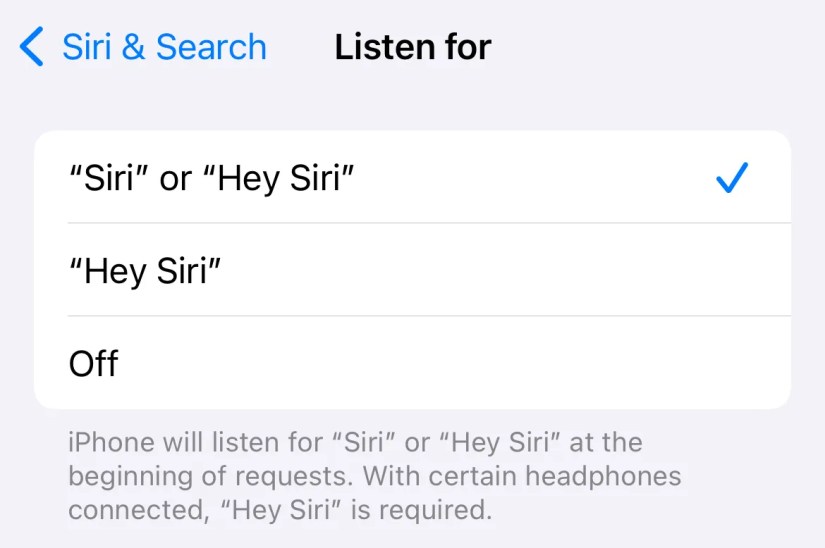 iPhone and iPad settings for disabling Siri and Hey, Siri hands-free operation.