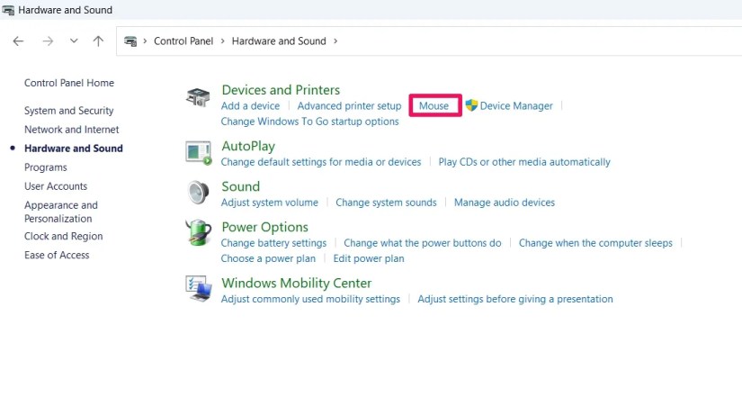 Mouse option in Control Panel