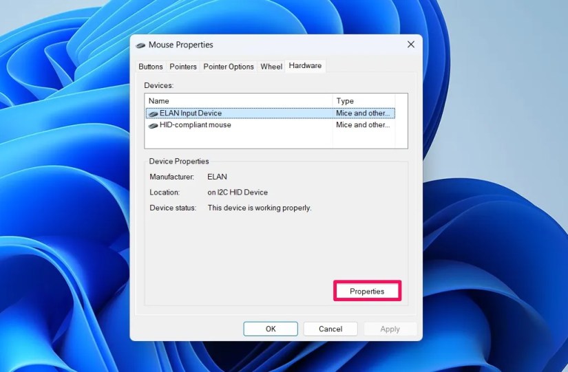 Properties button in Mouse Properties window