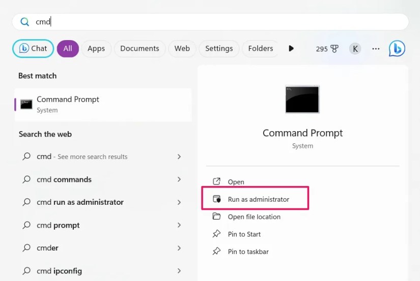 Run as admin option in the Start menu